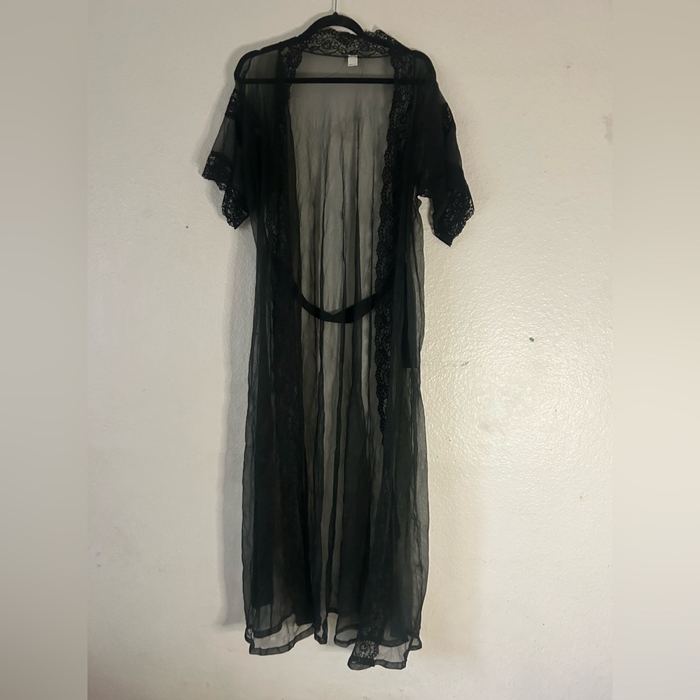 Vintage Sears Nylon Black Lace‎ Sheer Maxi Robe Victorian Whimsigoth Grudge sexy